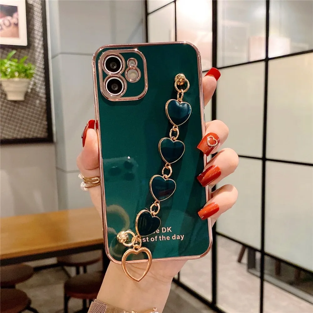 Anymob iPhone Green Love Heart Bracelet Chain Soft Case Plating Phone Cover