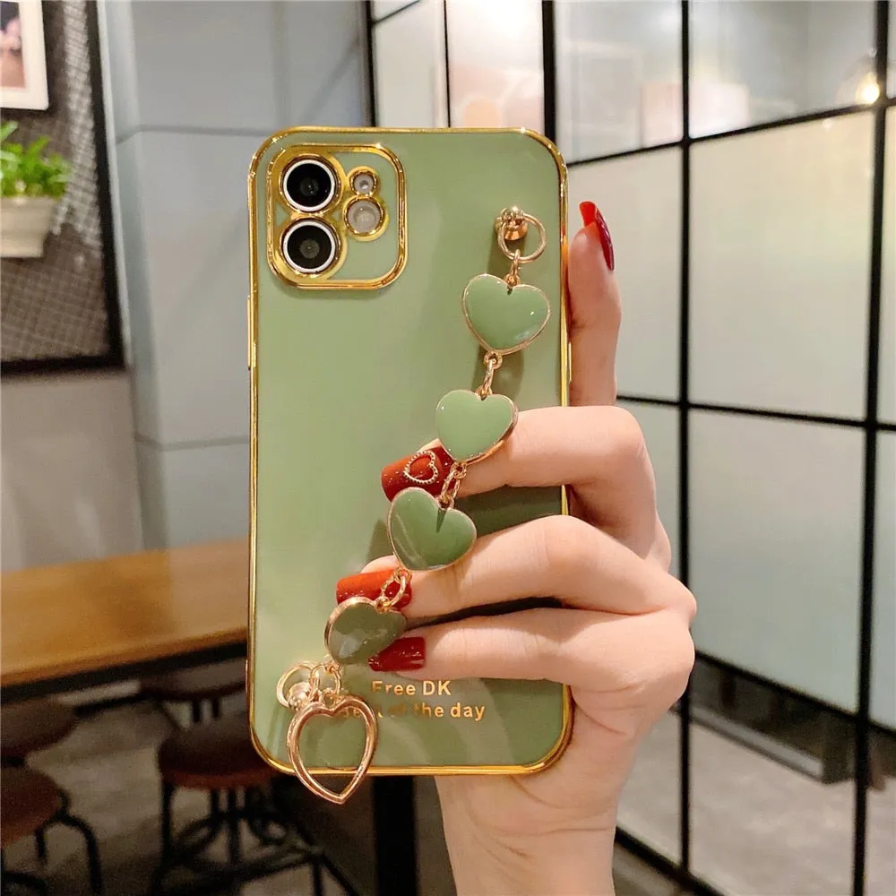 Anymob iPhone Green Love Heart Bracelet Chain Soft Case Plating Phone Cover