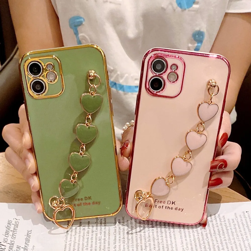Anymob iPhone Green Love Heart Bracelet Chain Soft Case Plating Phone Cover