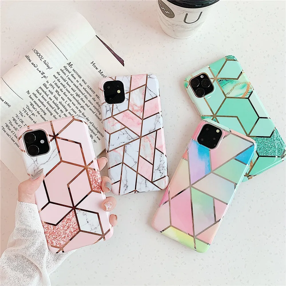 Anymob iPhone Green Plating Geometric Marble Phone Case Glossy Soft Back Cover