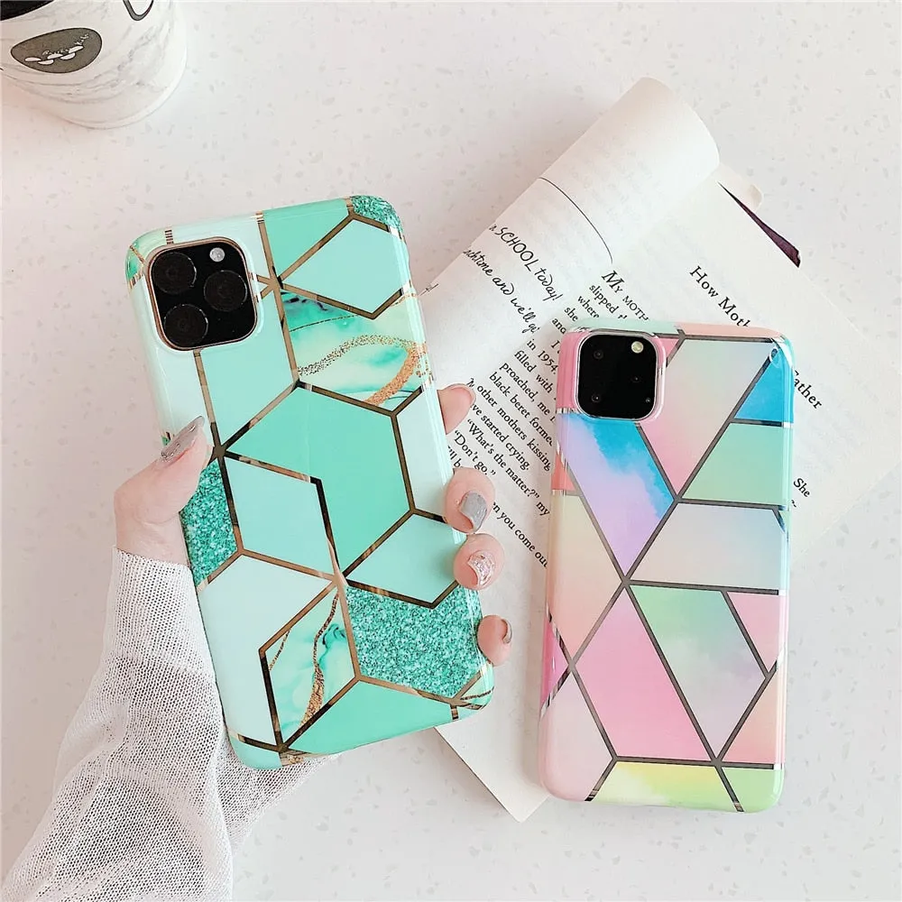 Anymob iPhone Green Plating Geometric Marble Phone Case Glossy Soft Back Cover