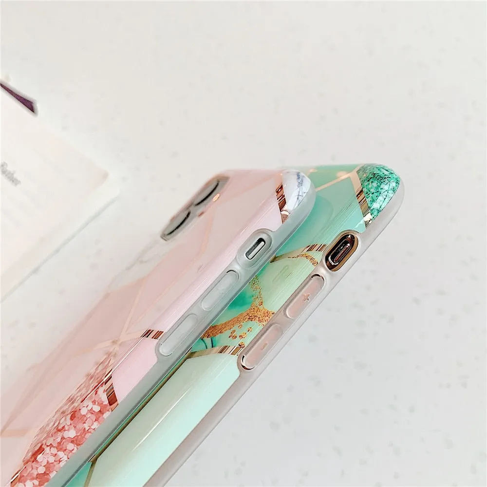 Anymob iPhone Green Plating Geometric Marble Phone Case Glossy Soft Back Cover