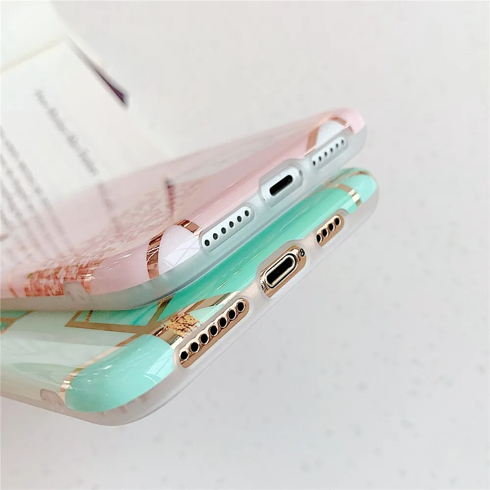 Anymob iPhone Green Plating Geometric Marble Phone Case Glossy Soft Back Cover