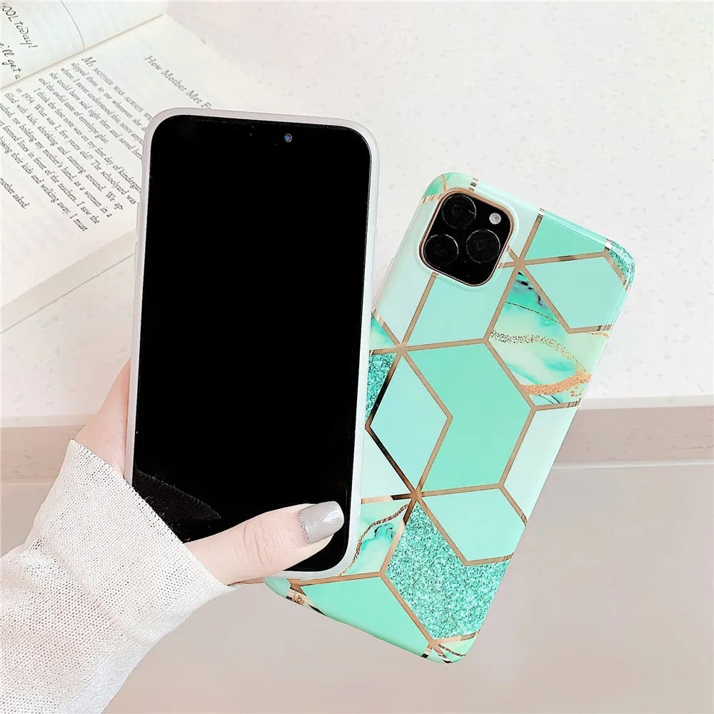 Anymob iPhone Green Plating Geometric Marble Phone Case Glossy Soft Back Cover