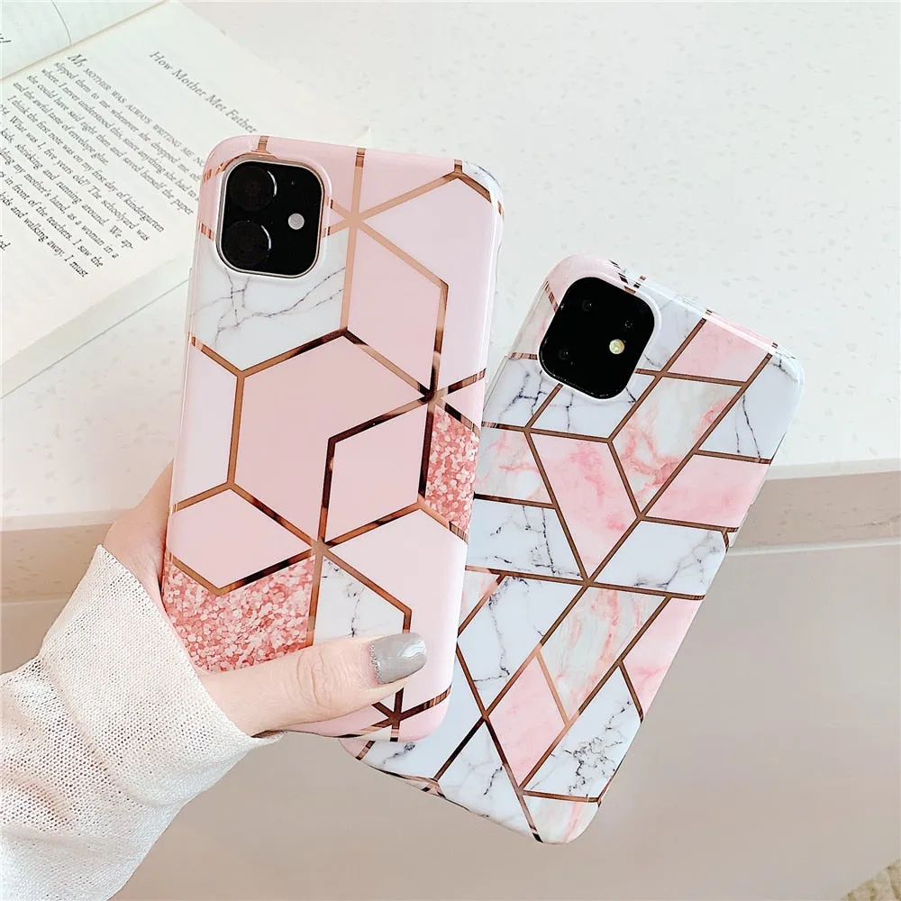 Anymob iPhone Green Plating Geometric Marble Phone Case Glossy Soft Back Cover