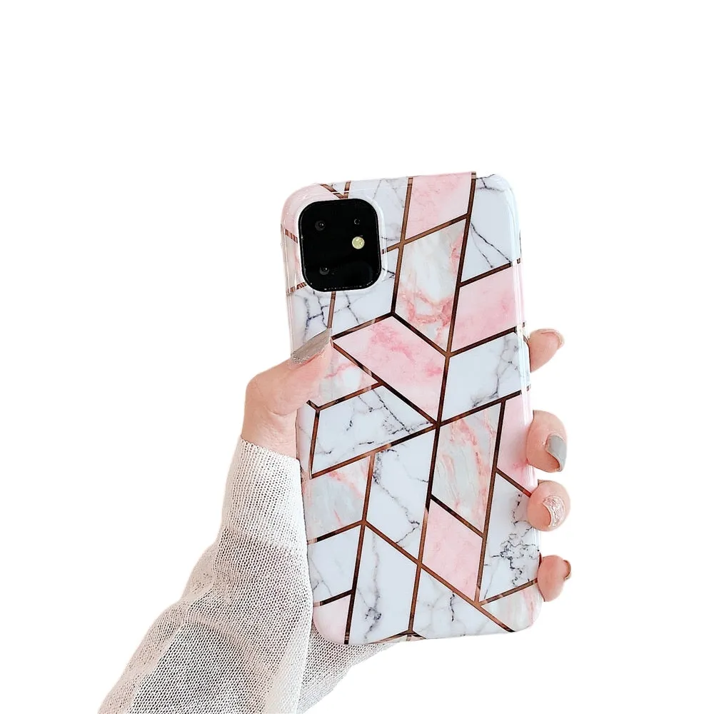 Anymob iPhone Peach Marble Plating Geometric Phone Case Glossy Soft Back Cover