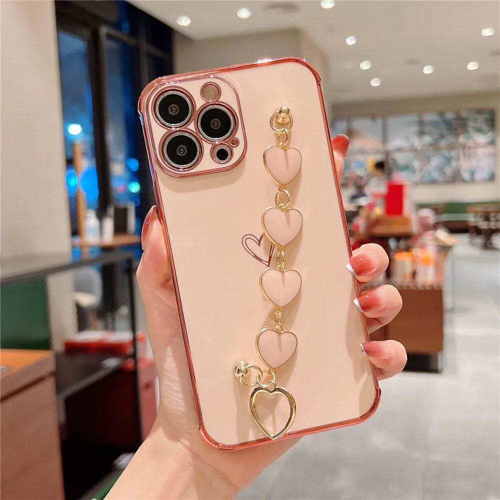 Anymob iPhone Pink Electroplated Bracelet Love Heart Phone Case Soft Back Cover