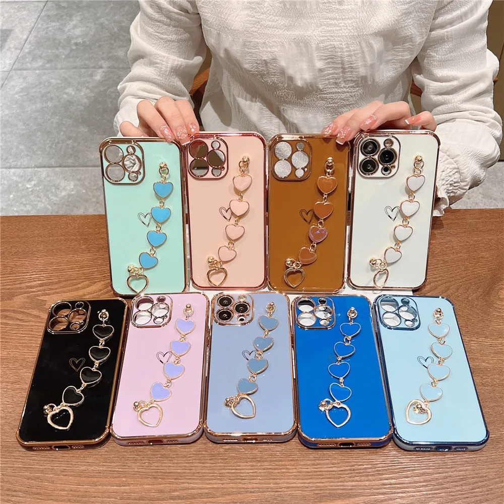 Anymob iPhone Pink Electroplated Bracelet Love Heart Phone Case Soft Back Cover