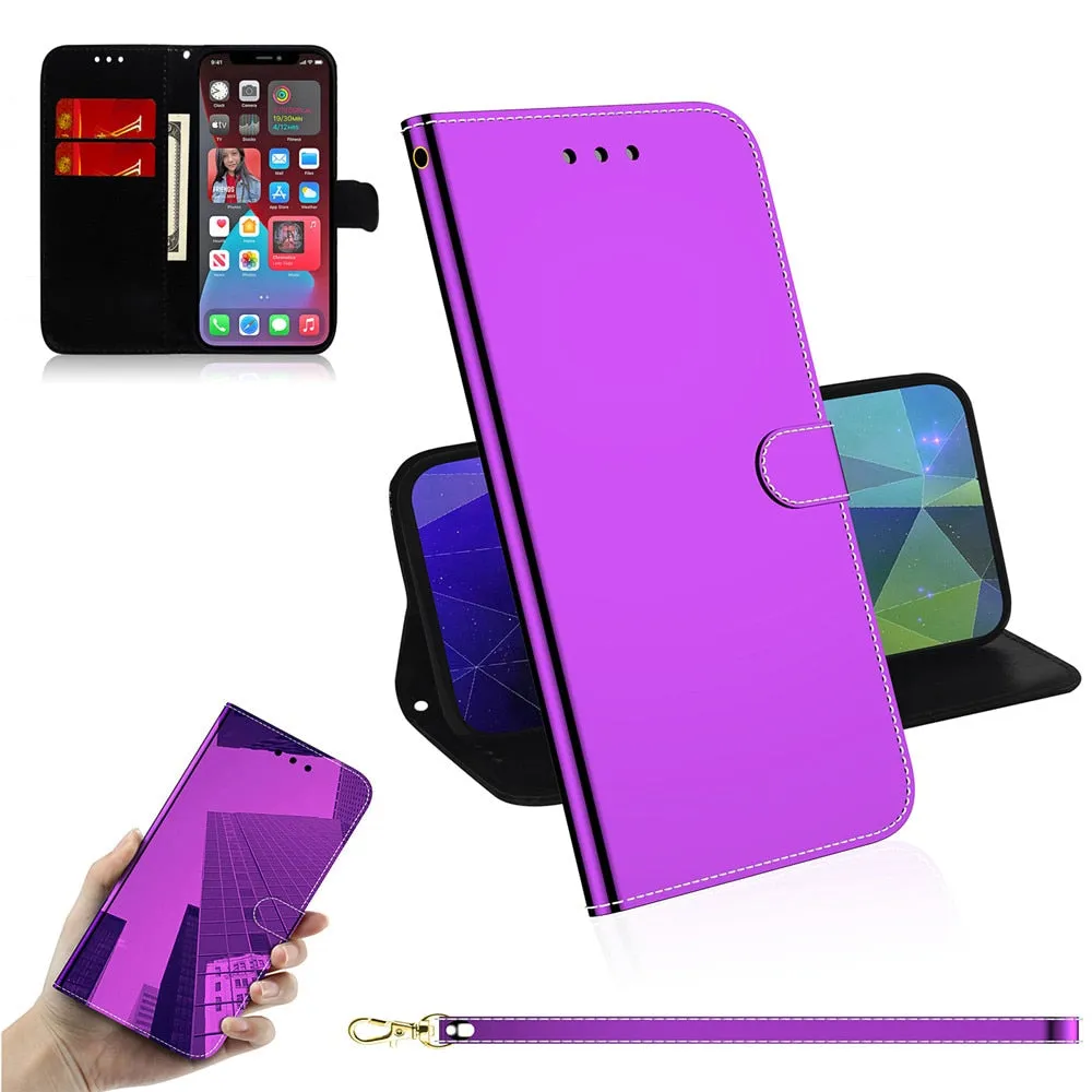 Anymob iPhone Purple Smooth Surface Mirror Leather Case Flip Wallet With Card Slots Cover