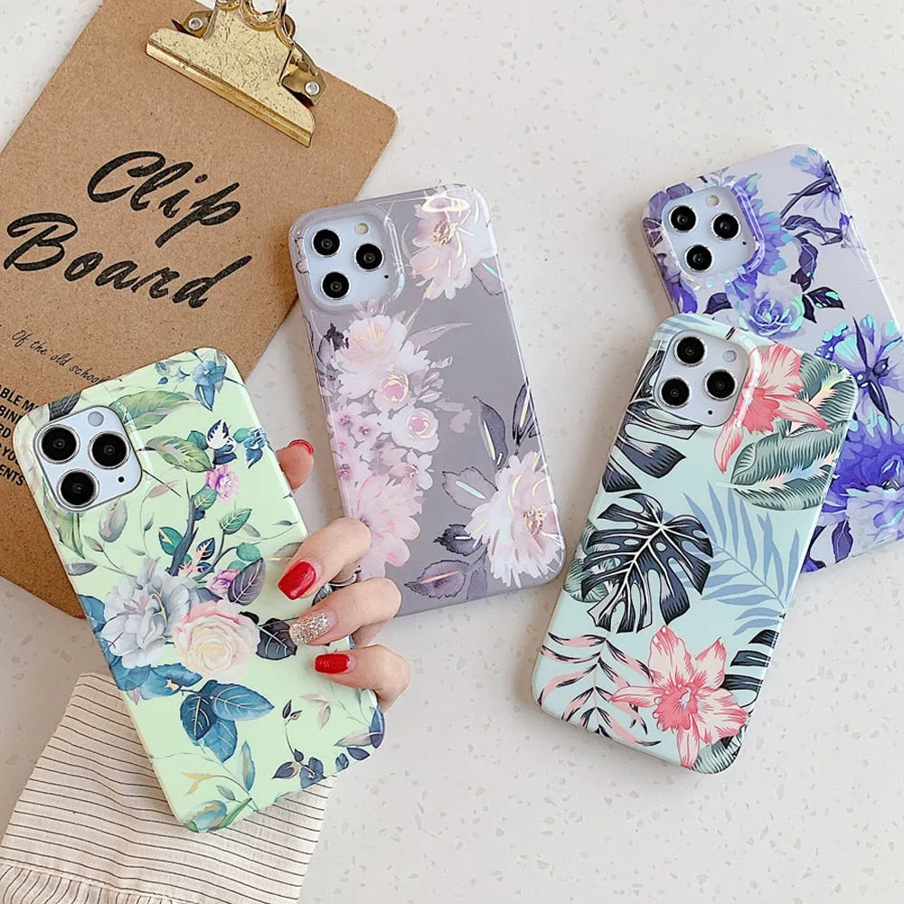 Anymob iPhone Rose Pattern Marble Phone Case Soft Silicone Cover
