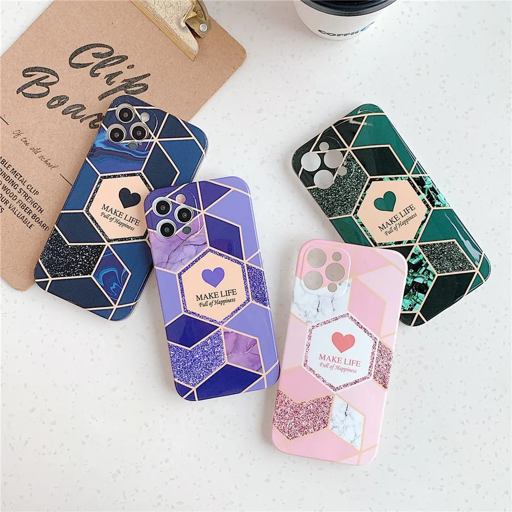 Anymob iPhone Violet Geometric Love Heart Marble Phone Cases Silicone Shell Cover