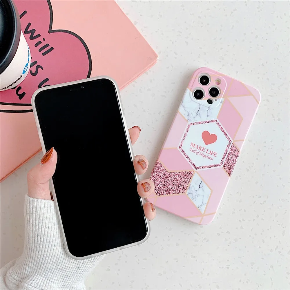 Anymob iPhone Violet Geometric Love Heart Marble Phone Cases Silicone Shell Cover