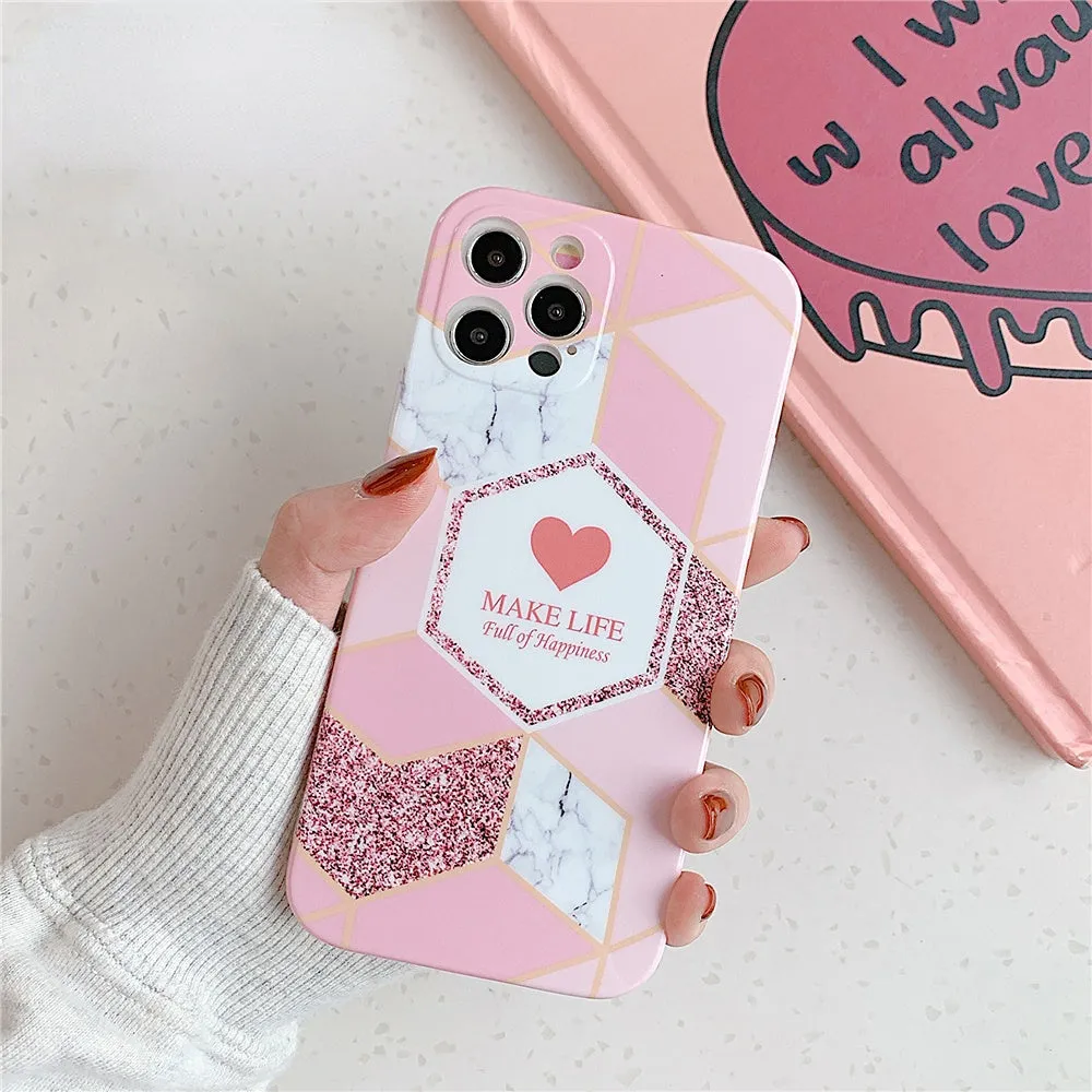 Anymob iPhone Violet Geometric Love Heart Marble Phone Cases Silicone Shell Cover
