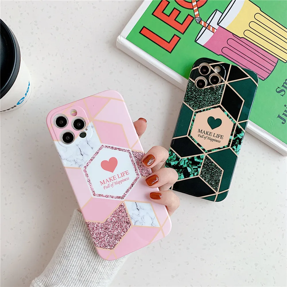 Anymob iPhone Violet Geometric Love Heart Marble Phone Cases Silicone Shell Cover
