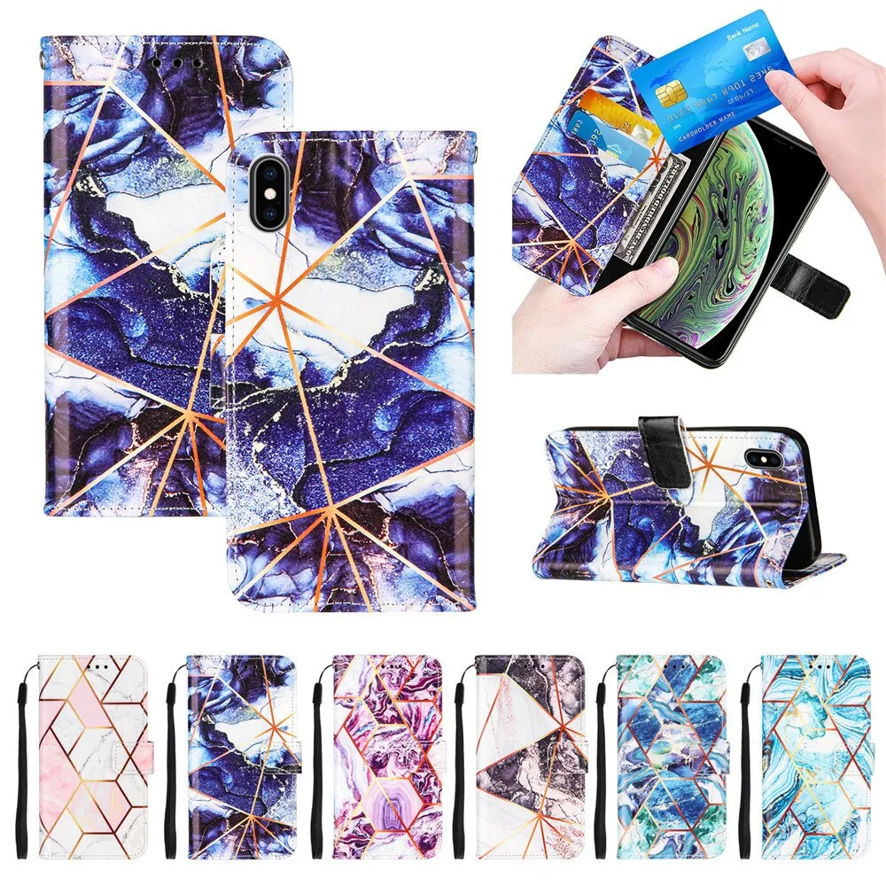 Anymob Samsung Blue Geometric Marble Leather Case Flip Wallet Magnetic Phone Cover