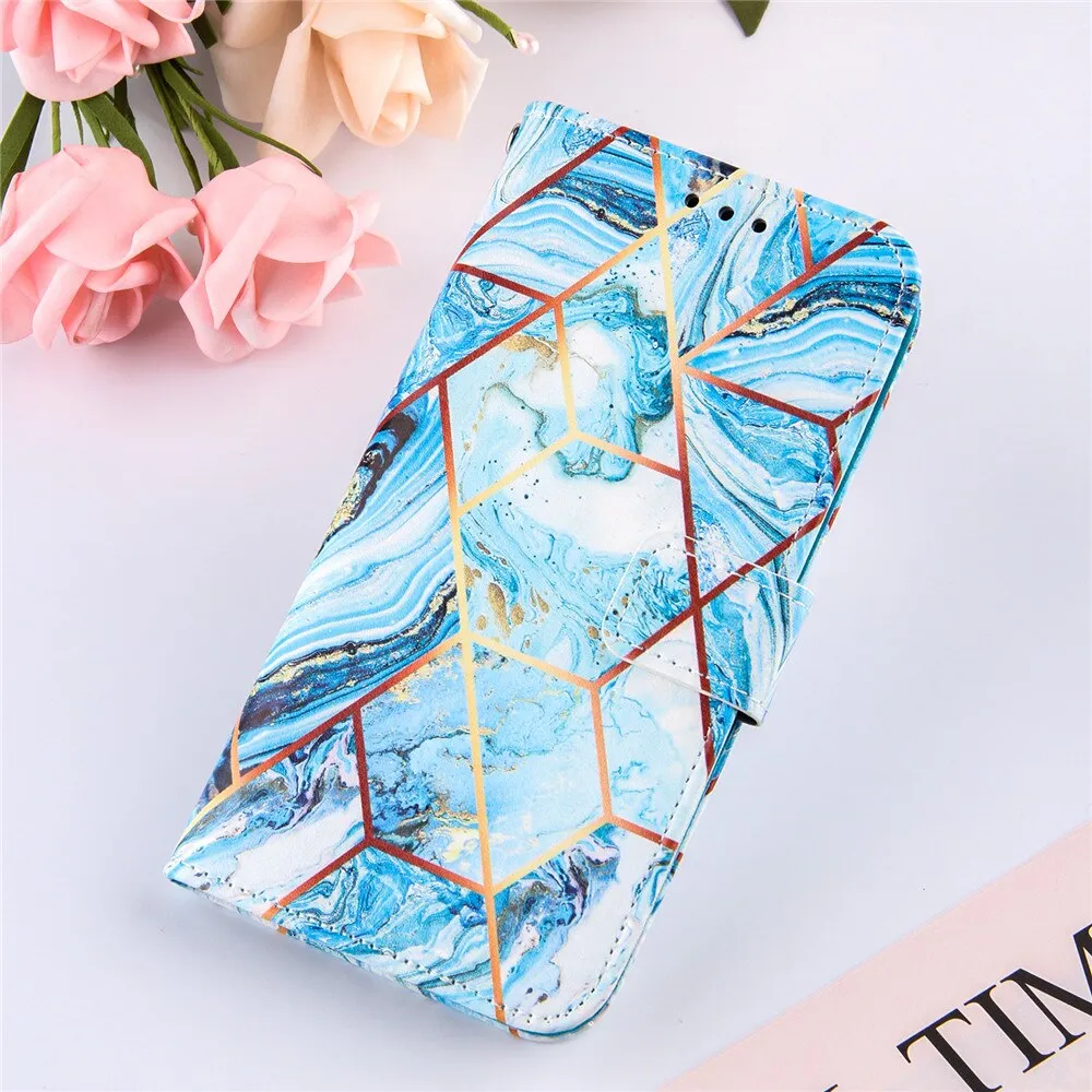 Anymob Samsung Blue Geometric Marble Leather Case Flip Wallet Magnetic Phone Cover