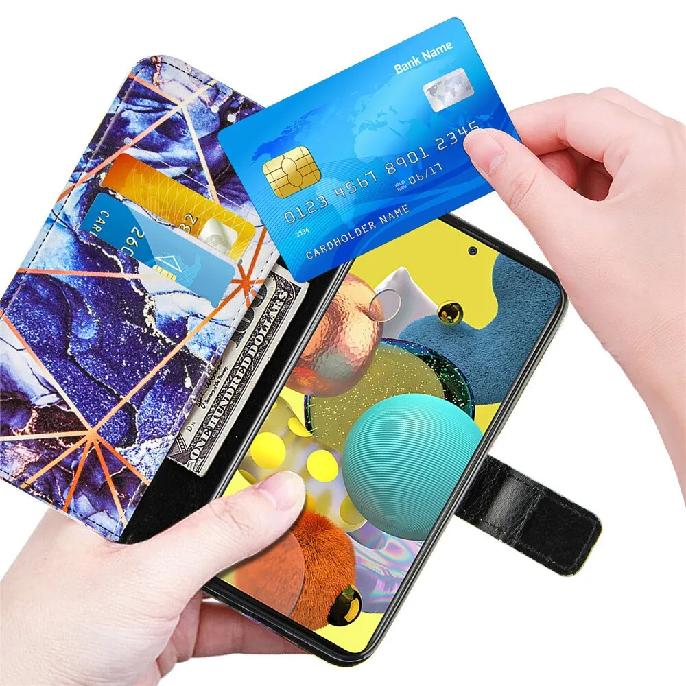 Anymob Samsung Blue Geometric Marble Leather Case Flip Wallet Magnetic Phone Cover