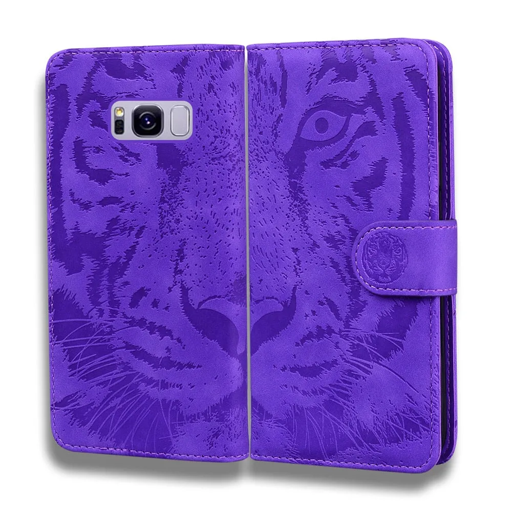 Anymob Samsung Case Brown 3D Tiger Embossing Magnetic Flip Leather Card Slot Wallet Book Style Cover