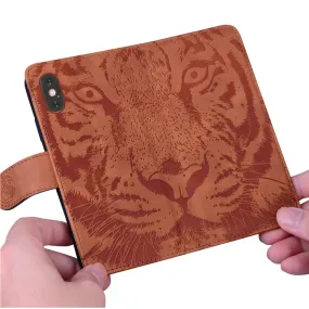 Anymob Samsung Case Brown 3D Tiger Embossing Magnetic Flip Leather Card Slot Wallet Book Style Cover
