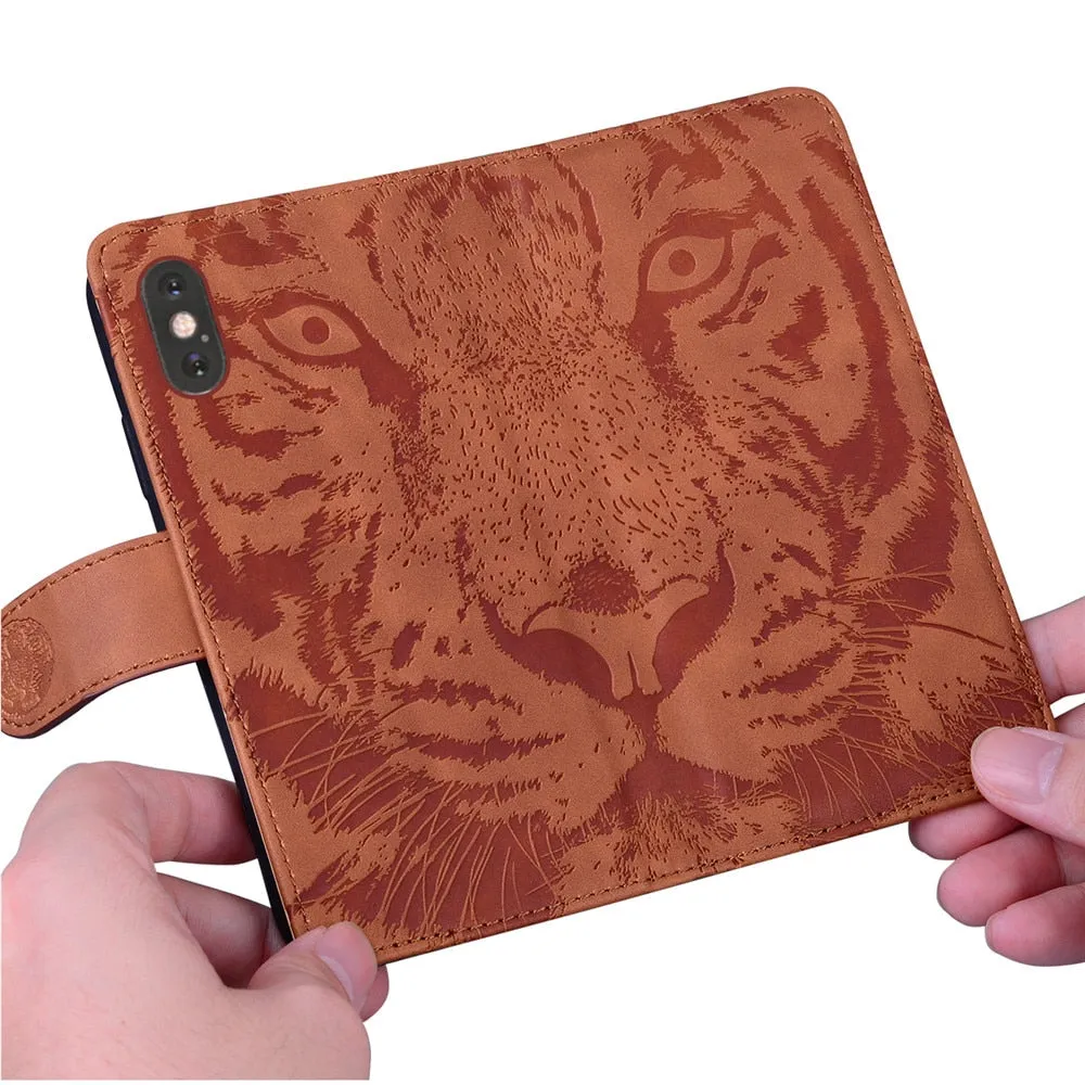 Anymob Samsung Case Brown 3D Tiger Embossing Magnetic Flip Leather Card Slot Wallet Book Style Cover