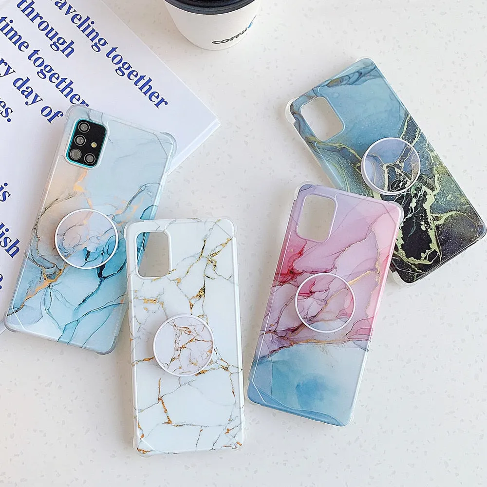 Anymob Samsung Case Light Blue Marble With Finger Ring Holder Silicone Phone Cover