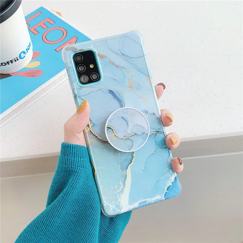Anymob Samsung Case Light Blue Marble With Finger Ring Holder Silicone Phone Cover