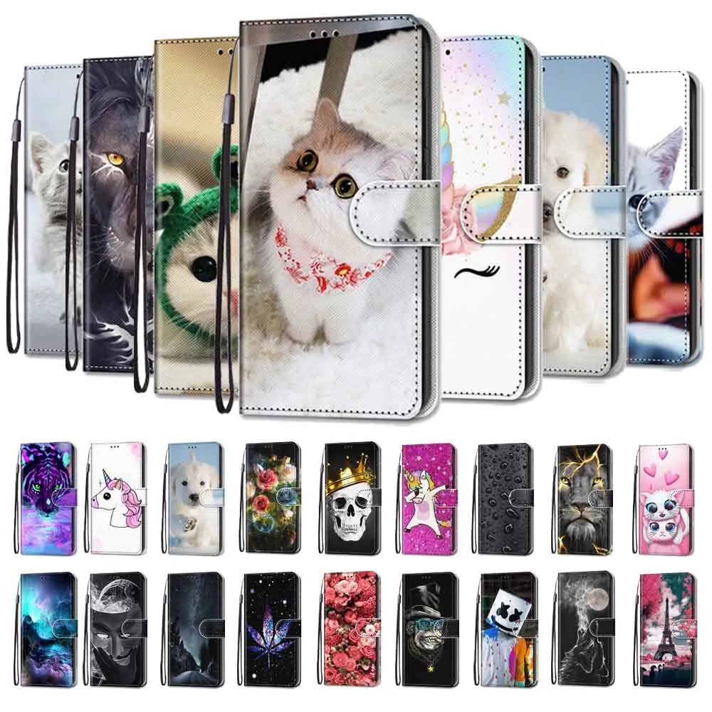 Anymob Samsung Case White Cute Cat Painted Magnetic Flip Leather Card slot Wallet Book Style Cover