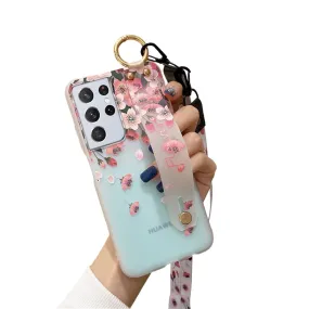 Anymob Samsung Falling Cherry Flowers Soft Silicone Case Neck Lanyard Wristband Holder Cover