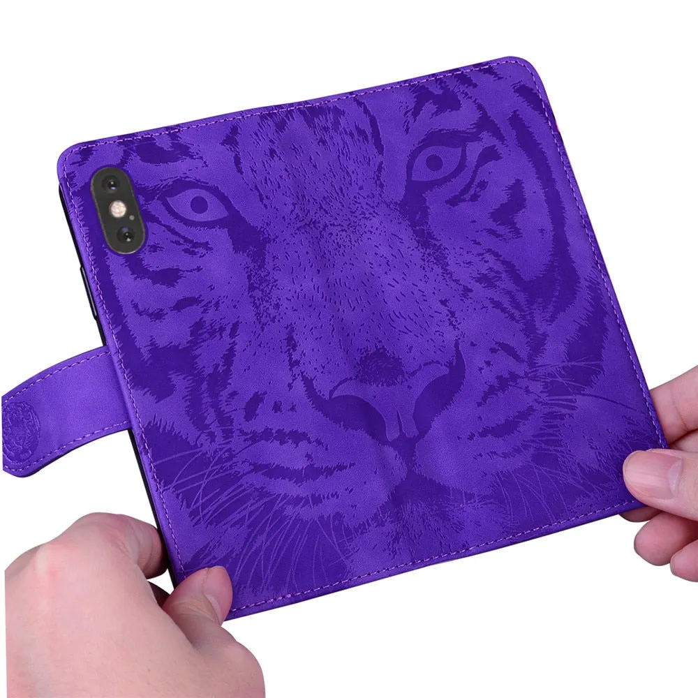 Anymob Samsung Phone Case Brown Leather Flip Fashion Luxurious Tiger Embossed Cover