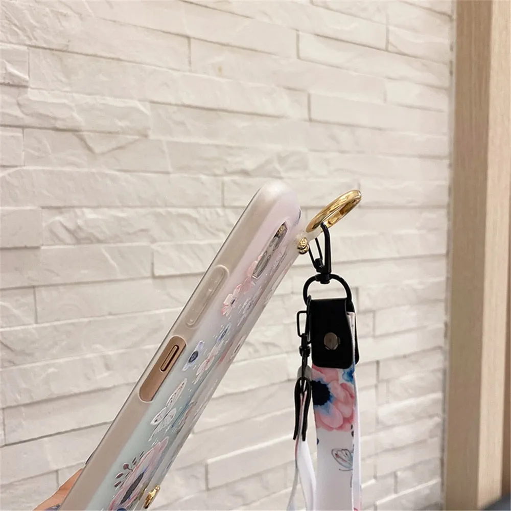 Anymob Samsung White Cherry Blossom Soft Silicone Case Flowers Neck Lanyard Wristband Holder Cover