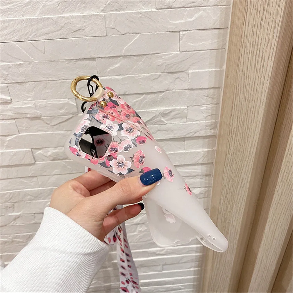 Anymob Samsung White Cherry Blossom Soft Silicone Case Flowers Neck Lanyard Wristband Holder Cover