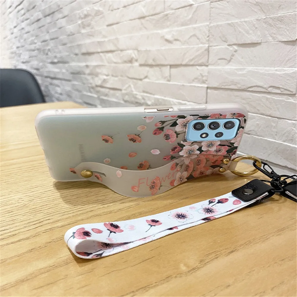 Anymob Samsung White Cherry Blossom Soft Silicone Case Flowers Neck Lanyard Wristband Holder Cover