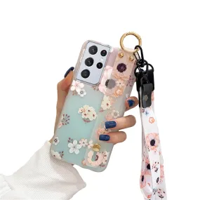 Anymob Samsung White Cherry Blossom Soft Silicone Case Flowers Neck Lanyard Wristband Holder Cover