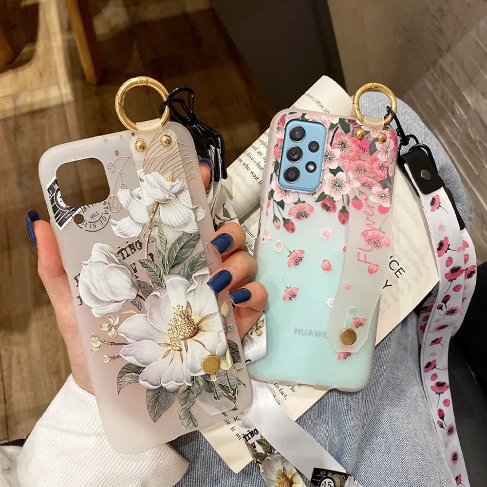 Anymob Samsung White Cherry Blossom Soft Silicone Case Flowers Neck Lanyard Wristband Holder Cover