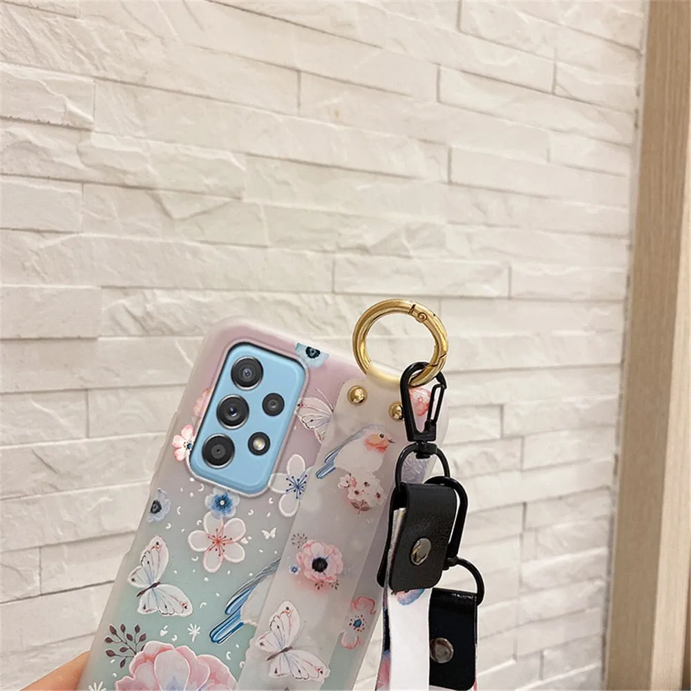 Anymob Samsung White Cherry Blossom Soft Silicone Case Flowers Neck Lanyard Wristband Holder Cover