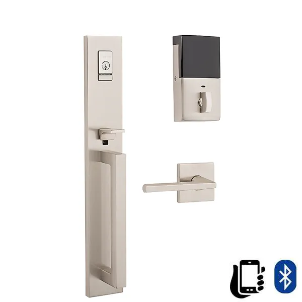 Baldwin Estate Evolved - 85392.BRENT - Minneapolis Escutcheon Full Handleset - Singl Cyl - Bluetooth - 150 - Satin Nickel - Grade 2 - RH