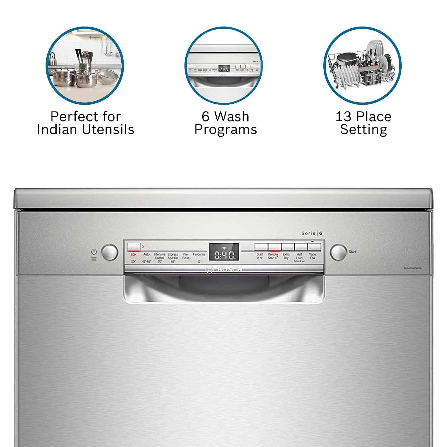 BOSCH SMS6ITI00I Free Standing 13 Place Settings Intensive Kadhai Cleaning WiFi Enabled