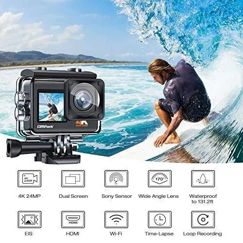 Campark X35 Action Camera 4K 24MP Wi-Fi Underwater Waterproof Camera 40M with Dual Screen, EIS, Sony Sensor, 170° Wide Angle Sports Camera 4X Zoom PC Webcam with 2 Batteries and Mounting Kits