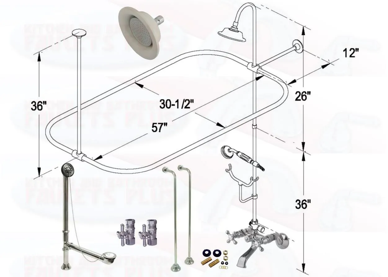 Chrome Clawfoot Tub Faucet Package  Faucet, Oval Shower Enclosure W/Head, Drain & Supply Kit