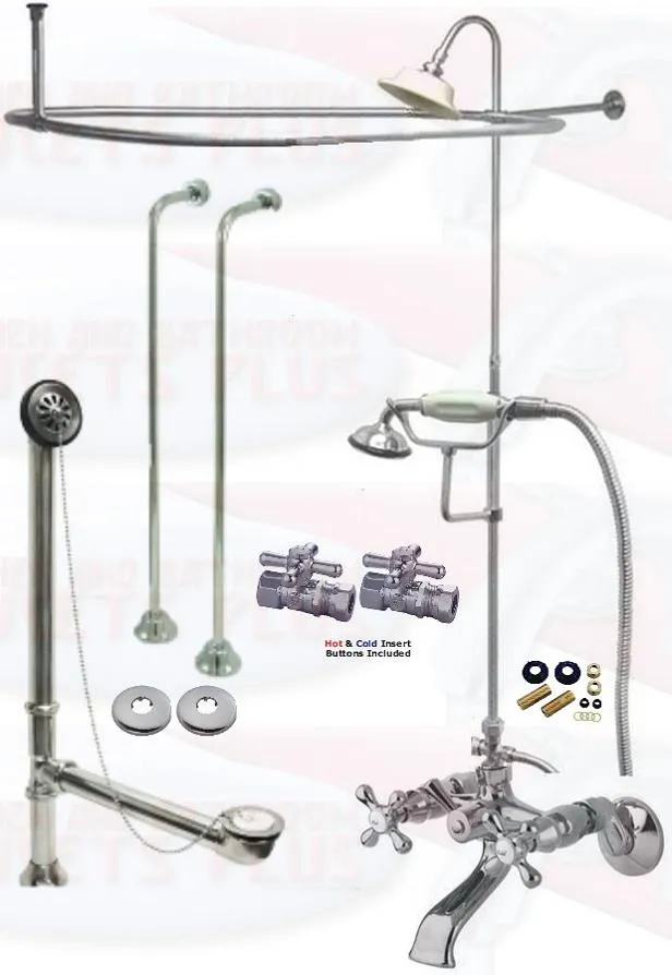 Chrome Clawfoot Tub Faucet Package  Faucet, Oval Shower Enclosure W/Head, Drain & Supply Kit