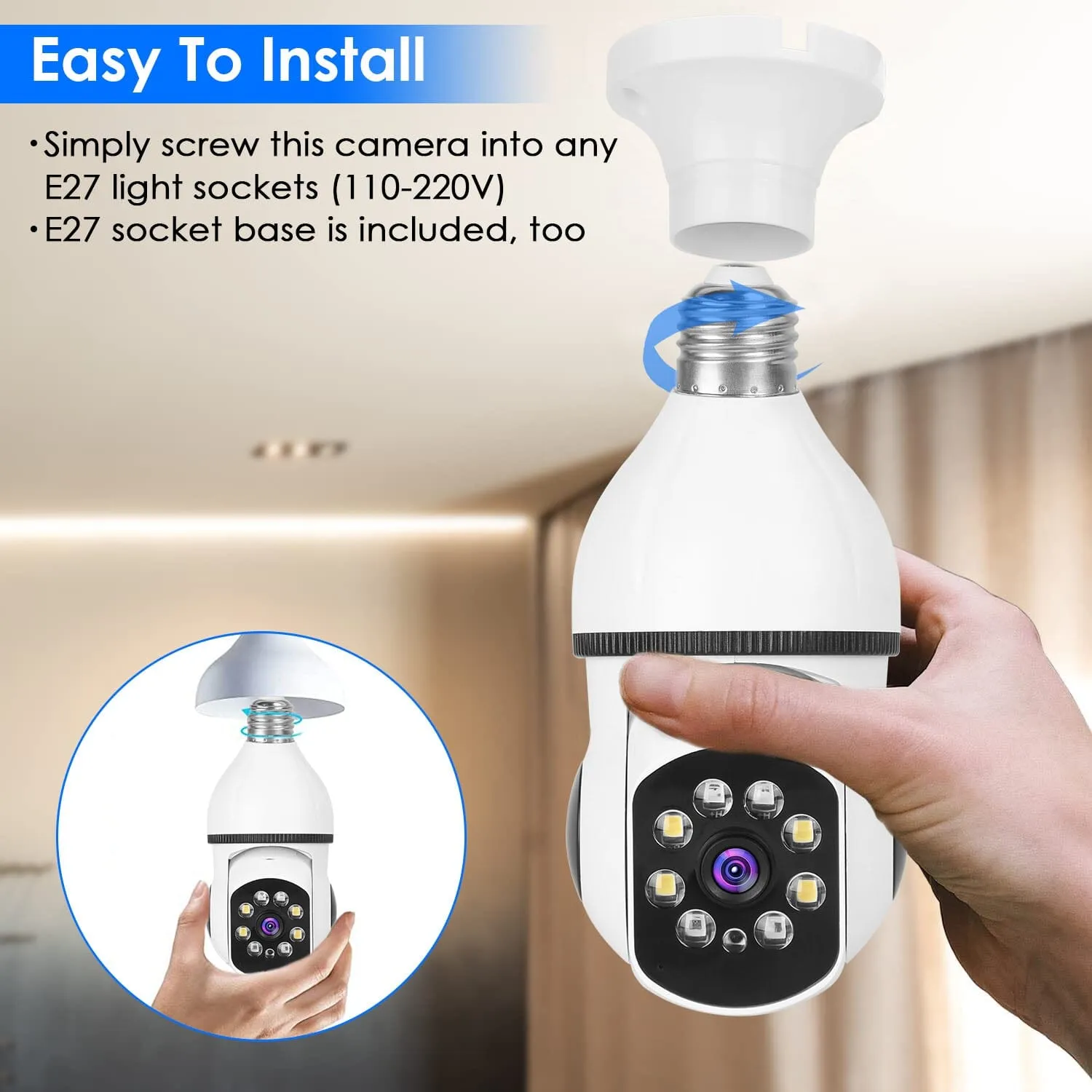 E27 WiFi Bulb Camera 1080P FHD WiFi IP Pan Tilt Security Surveillance  Camera with Two-Way Audio Full Color Night Vision