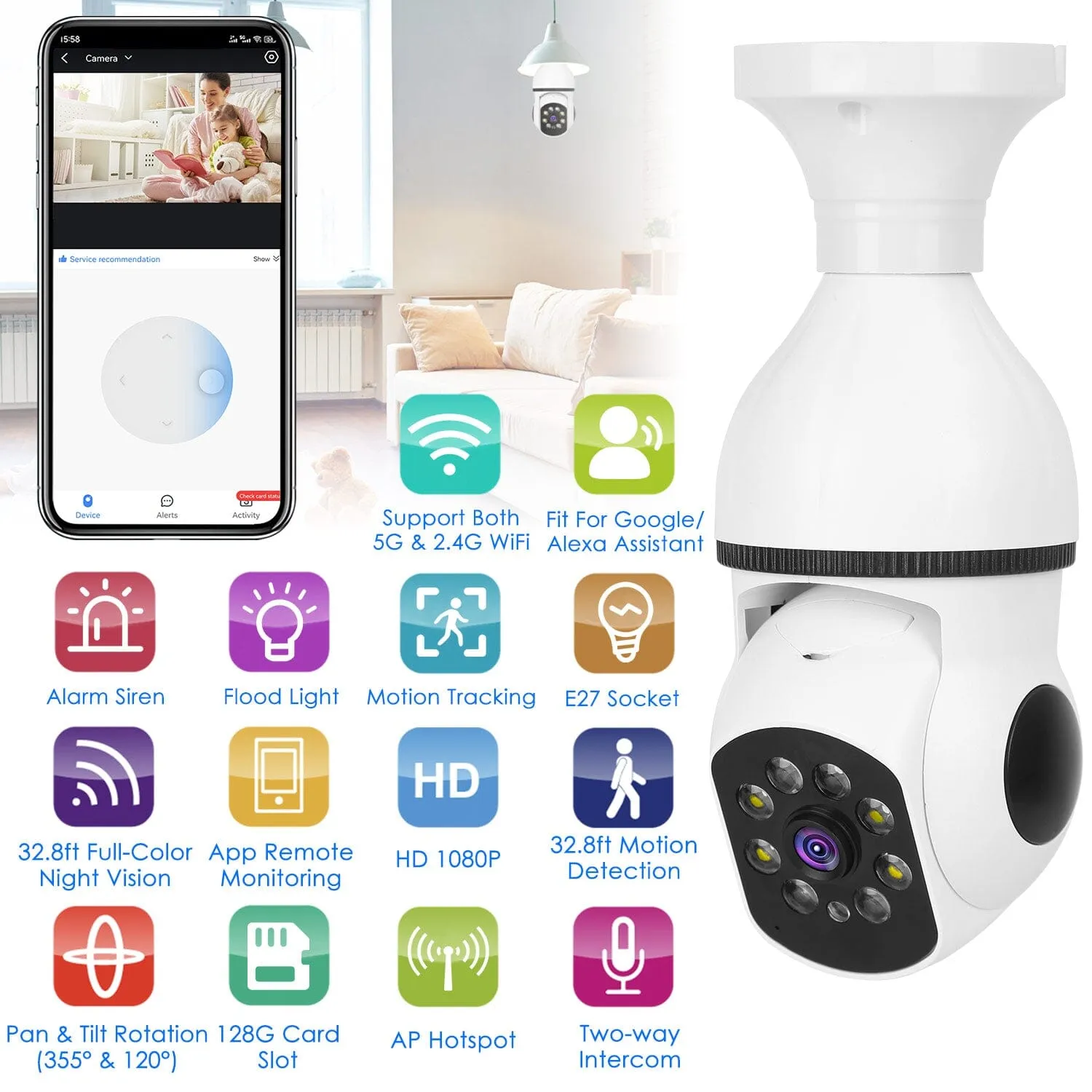 E27 WiFi Bulb Camera 1080P FHD WiFi IP Pan Tilt Security Surveillance  Camera with Two-Way Audio Full Color Night Vision