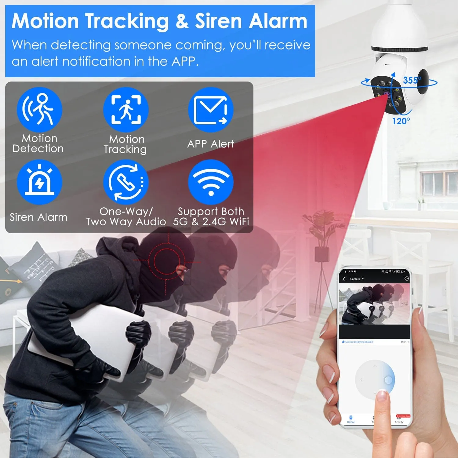 E27 WiFi Bulb Camera 1080P FHD WiFi IP Pan Tilt Security Surveillance  Camera with Two-Way Audio Full Color Night Vision