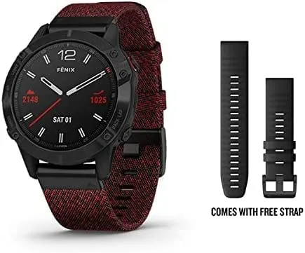 Garmin Fenix 6 DLC Watch with Nylon Band Sapphire Black Heathered Red