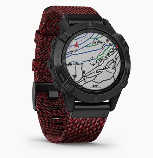 Garmin Fenix 6 DLC Watch with Nylon Band Sapphire Black Heathered Red