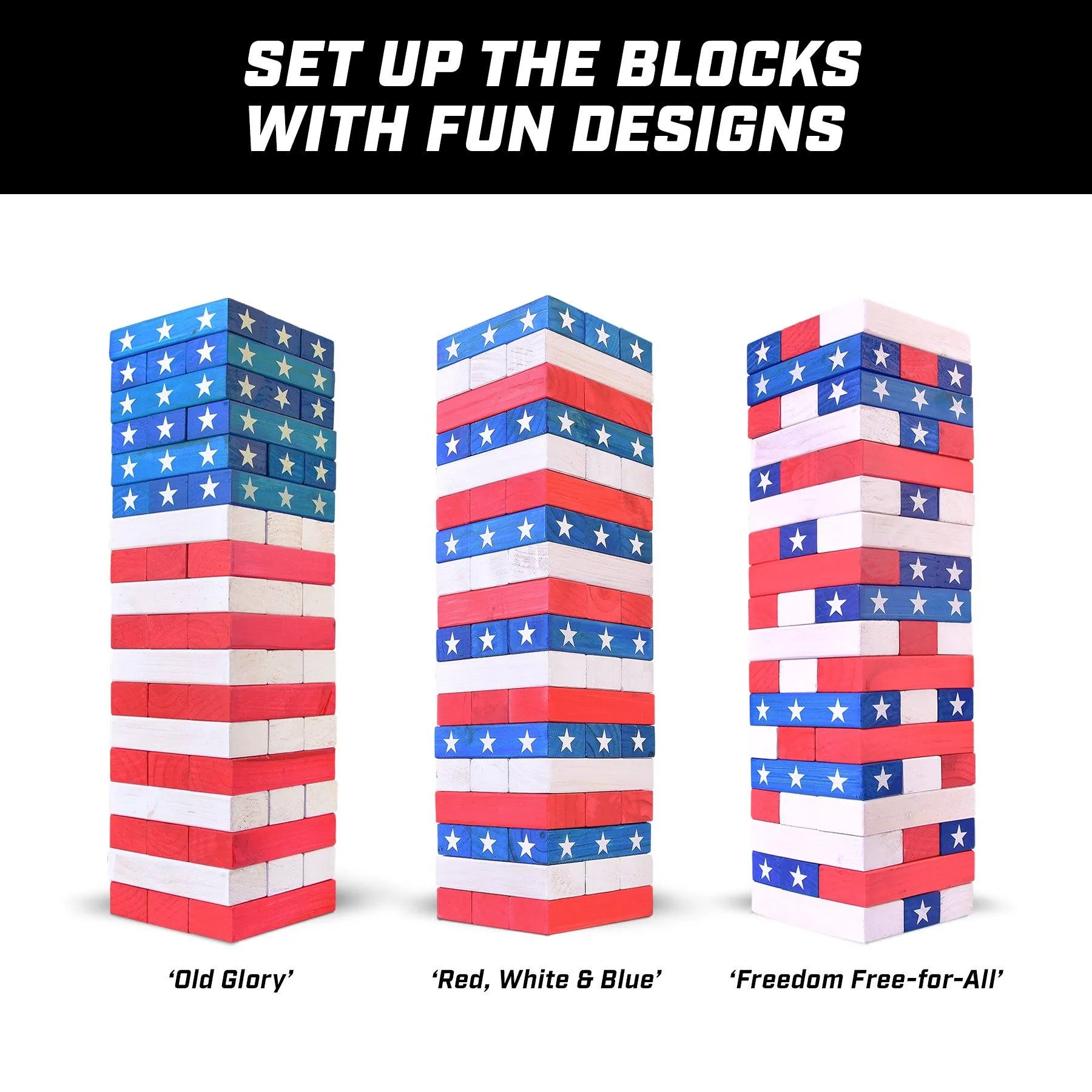 GoSports Toppling Tower - Giant Wooden Stacking Game - Stacks Up to 5 ft - Stars and Stripes