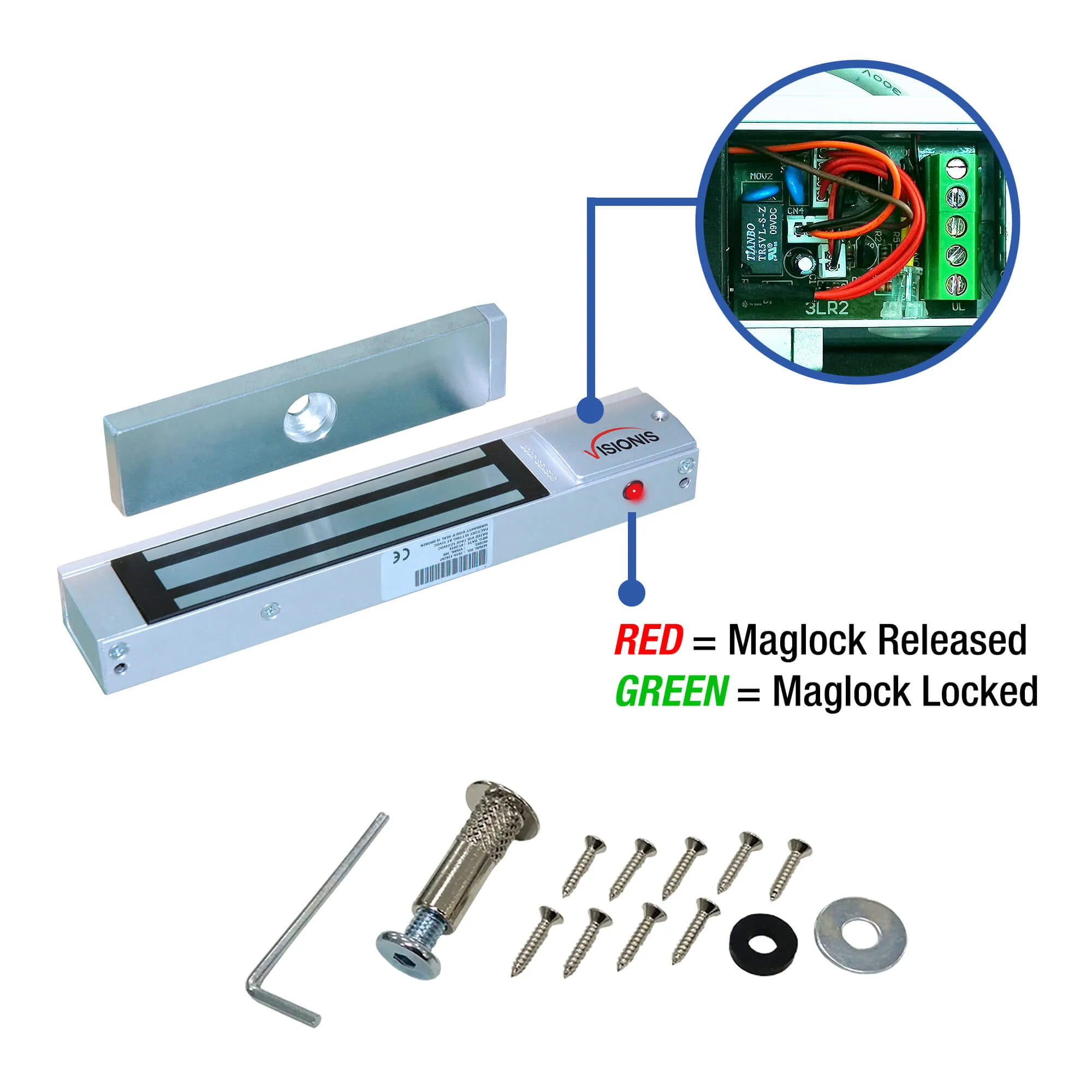 Indoor Magnetic Lock. 300 lbs (136 kg) of Holding Force. 12 VDC / 24 VDC - VIS-ML300LED Visionis