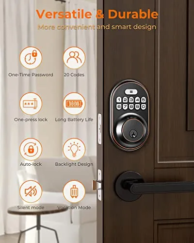 Keyless Entry Door Lock, KAWDEN Electronic Keypad Deadbolt Lock, Anti-Peeping Door Locks with Keypads, Smart Lock for Front Door Set, Auto-Lock, Backlit Design, Easy Installation, Oil Rubbed Bronze