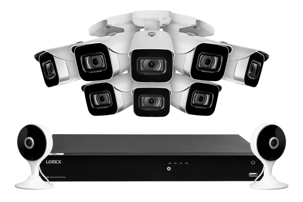 Lorex Fusion 4K (16 Camera Capable) 3TB Wired NVR System with 8 IP Bullet Cameras and Two 2K Indoor Wi-Fi Cameras