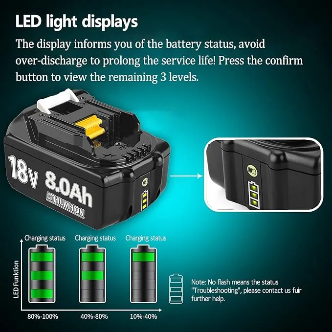 Makita Battery 6.0Mah | 18V Replacement Compatible Battery for Makita 18V BL1860 BL1860B BL1850 BL1840 BL1830 BL1815 BL1845 BL1860B 194205-3 | Longer Operational Time